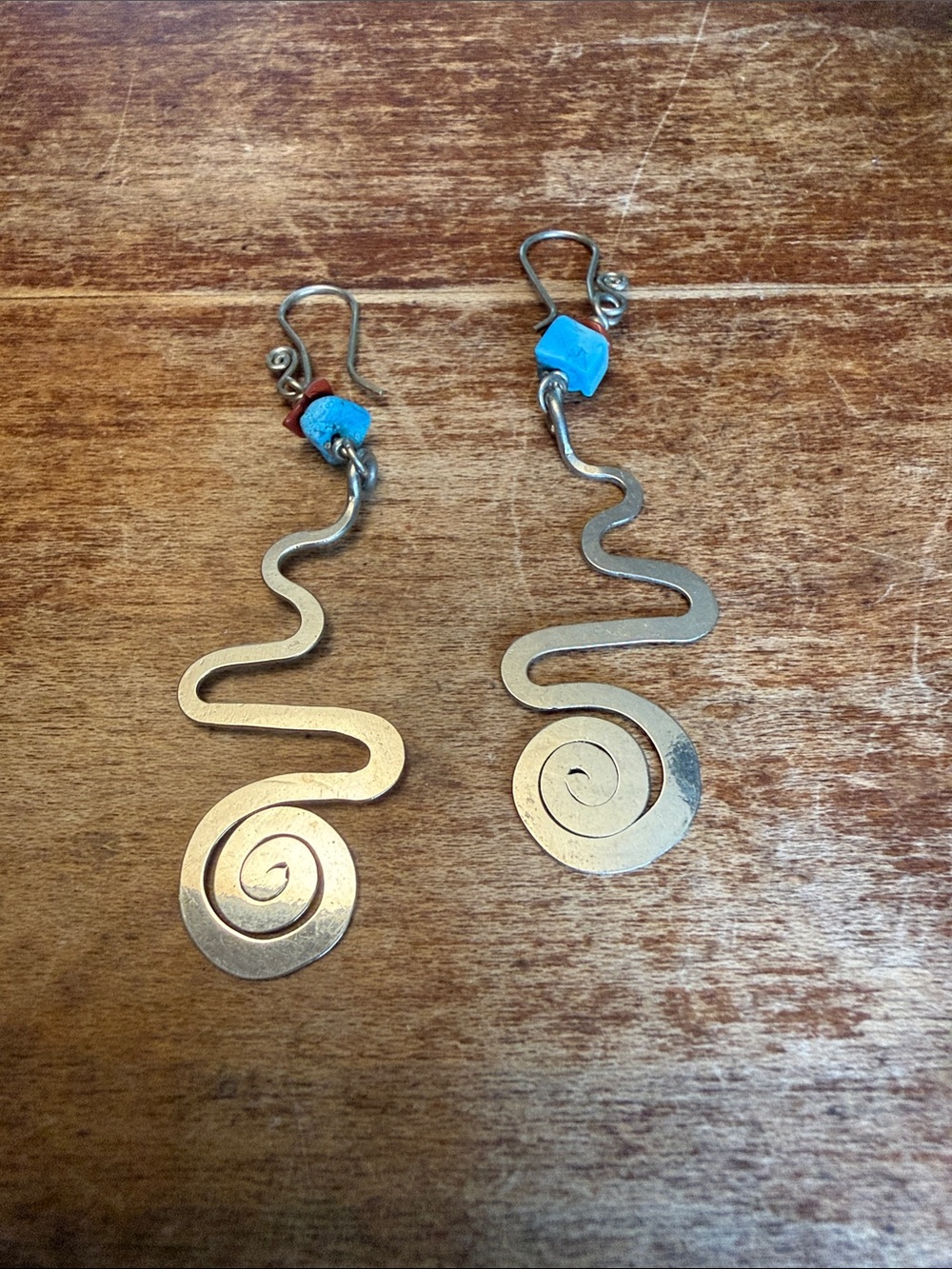 Handmade Silver Spiral Wave Earrings with Turquoise Beads